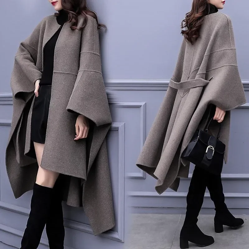 Women Wool Cloak Woolen Coat Autumn Winter New Fashion Woolen Coat Women's Korean 2024 Loose Long High Quality Overcoat Black