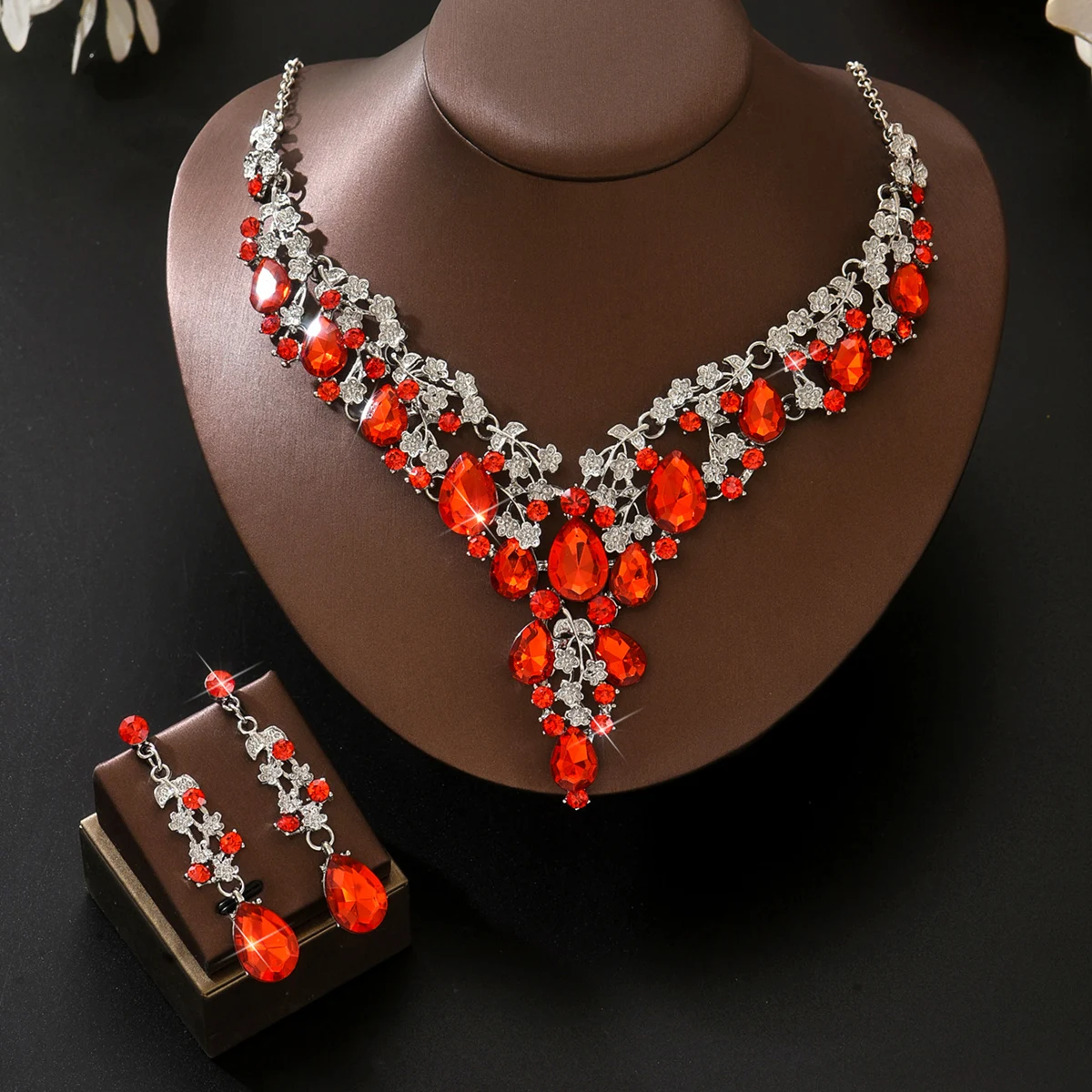 2PS Übertriebener Wassertropfen-Legierungsschmuck Damen Halskette Ohrringe Zweiteiliges Set Braut Hochzeit Party Schmuck Muttertag Geschenk – Detail 24