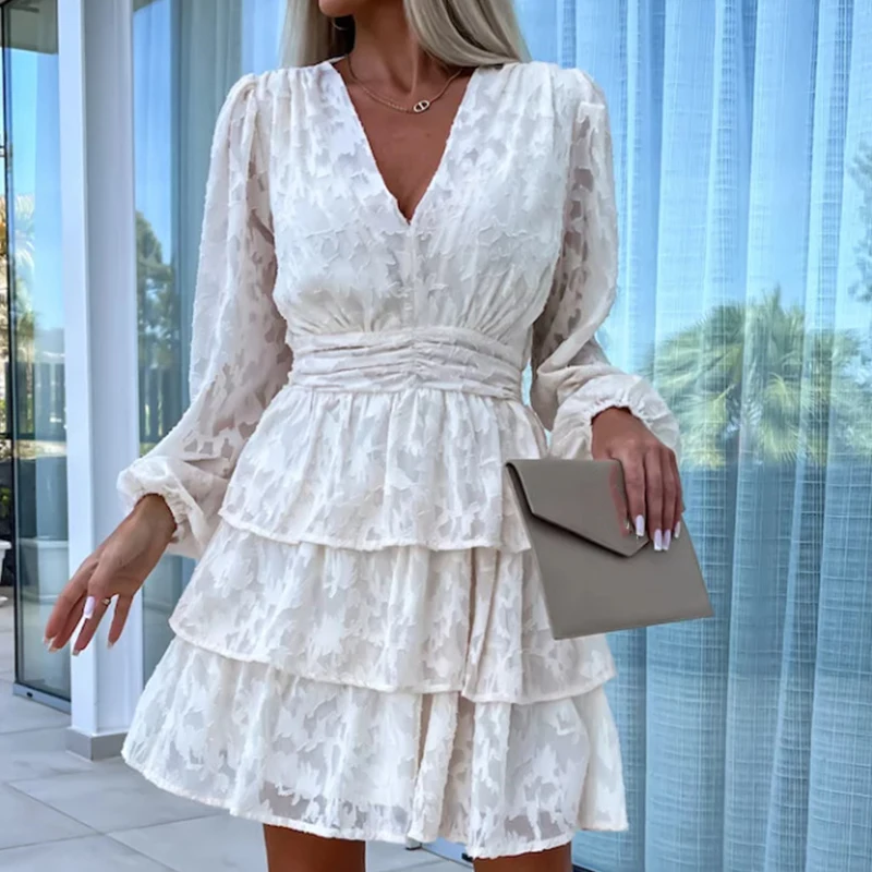 

Spring Summer Solid Color A-Line Dress Elegant V Neck Long Sleeve Embroidery Party Dress Female High Waist Jacquard Mini Dresses