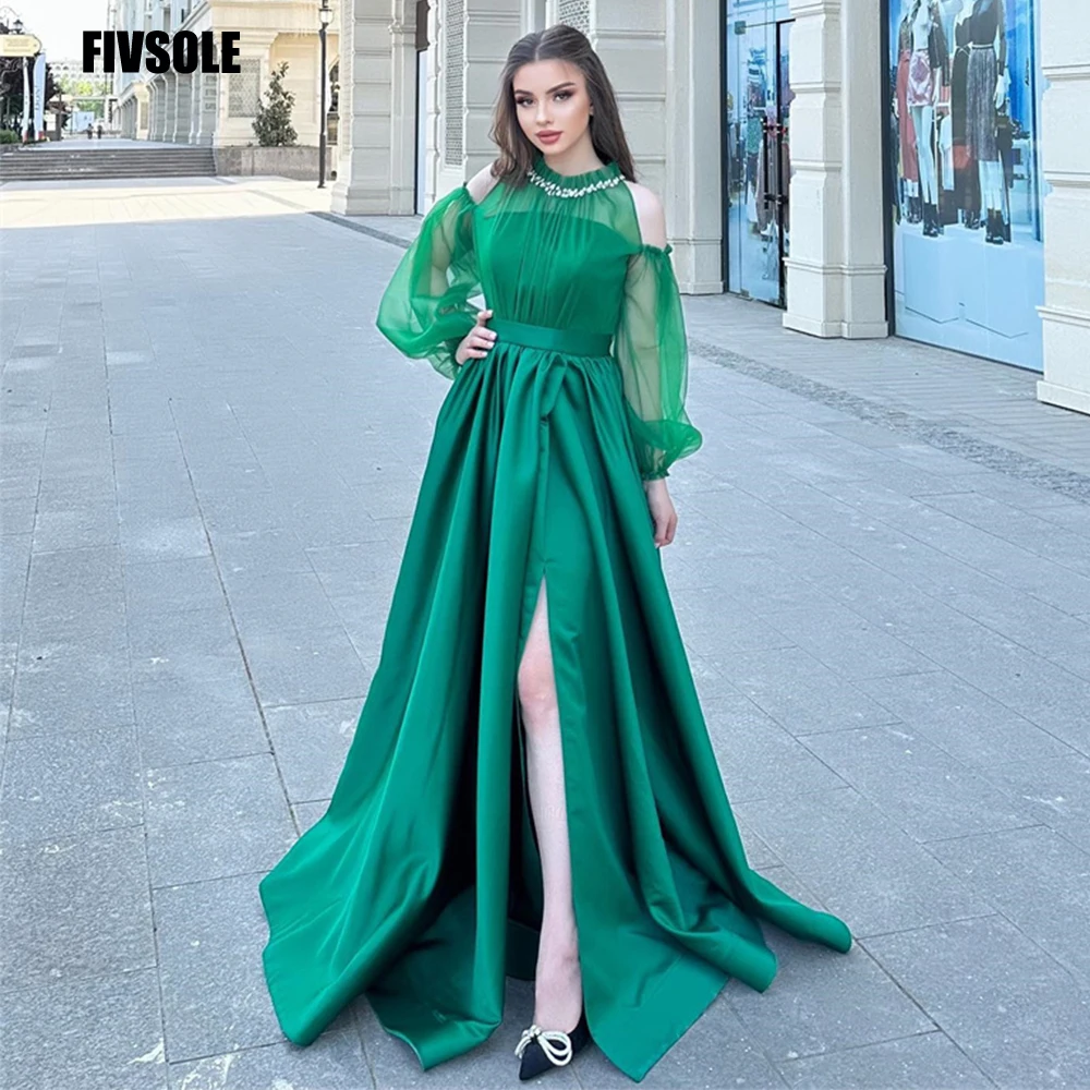 

Fivsole Elegant Prom Dresses Pleat Satin Puff Sleeves Formal Evening Gown High Neck With Crystals Party Dresses Robes De Soirée