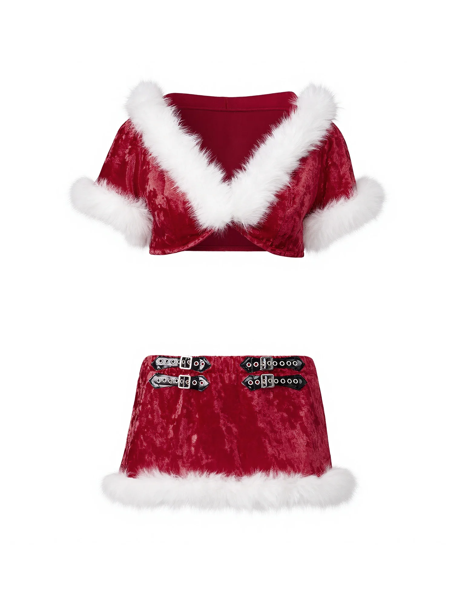 2Pcs Women s Christmas Lingerie Set Short Sleeve V Neck Hooded Plush Trim Decor Tops and Skirt Naughty Outfit