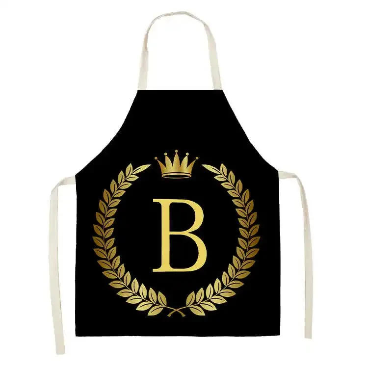 Black Gold Crown Letter Print Kitchen Apron Women's Men's Linen Apron Cooking Home Cleaning Tools Sleeveless Bib 3