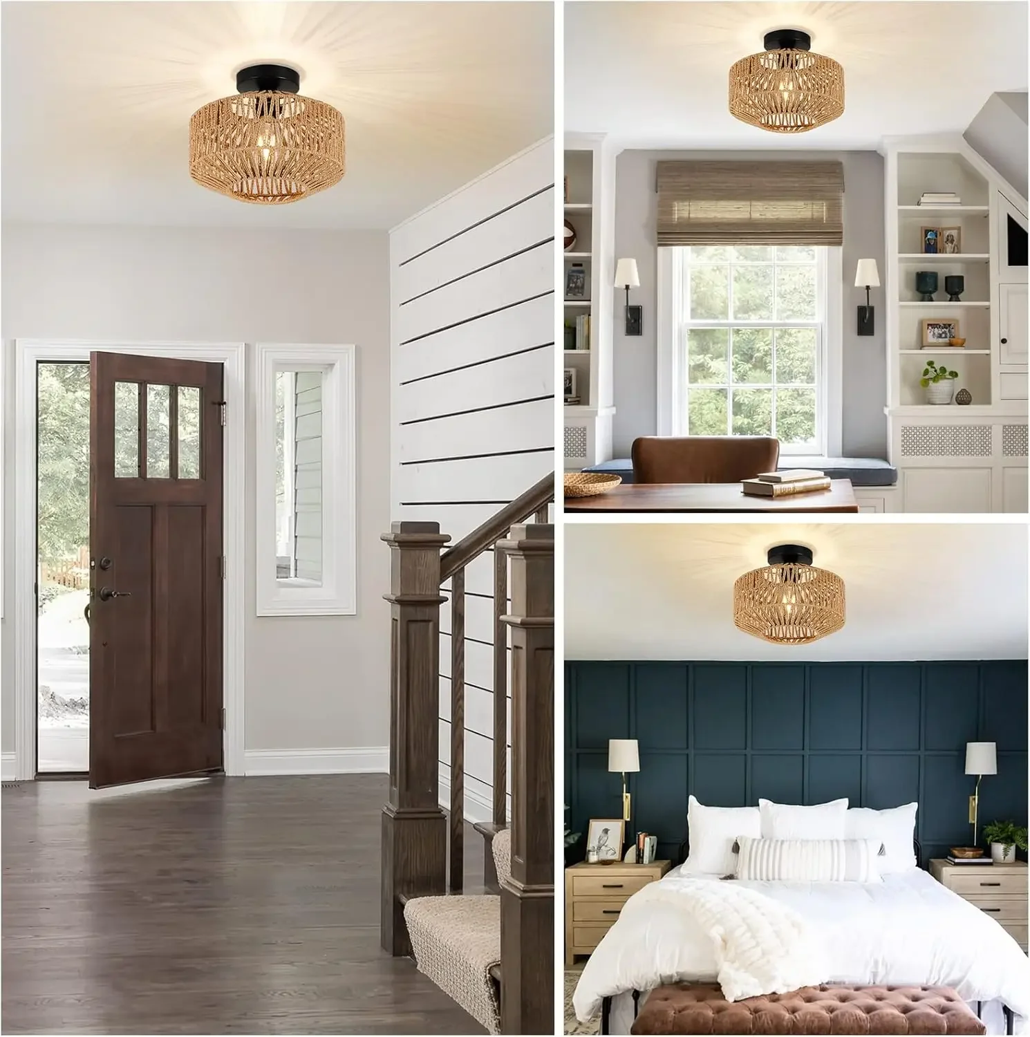 Boho-Leuchten, Deckenmontage, Rattan-Kronleuchter, handgewebte Deckenleuchte, Unterputzmontage für Flur, Schlafzimmer, Küche, Wohnzimmer – Detail 8