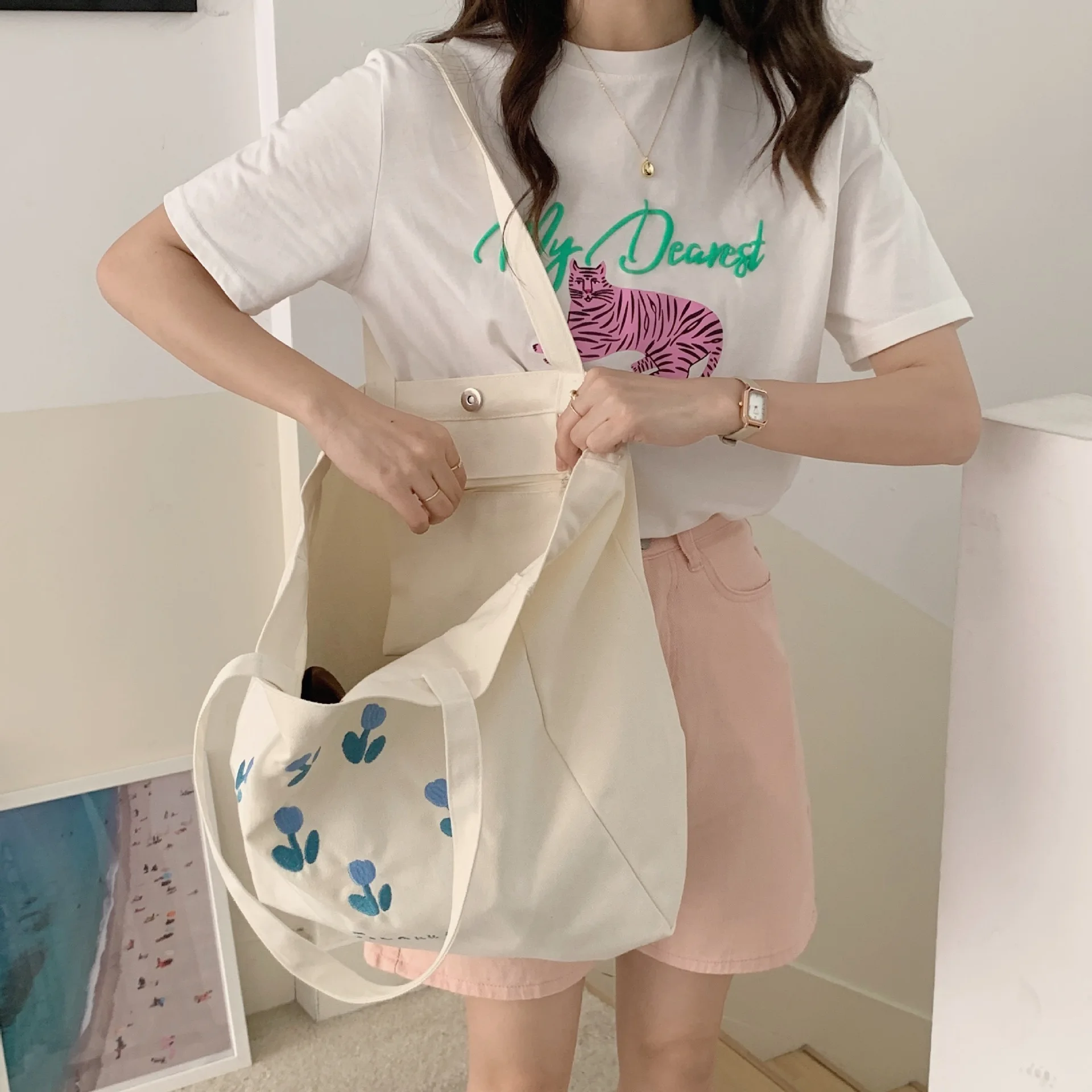 Colorblock Tulip Shoulder Canvas Bag Simple Small Fresh Student Class Tote Bag Tote Bag