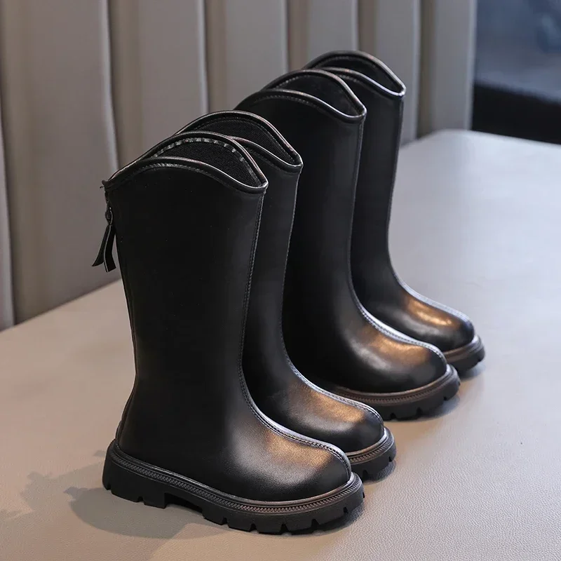 2024 Children High Boots for Girls Autumn Winter New Fashion Korean Style Anti-slippery Keep Warm Versatile Chic Leather Shoes 2