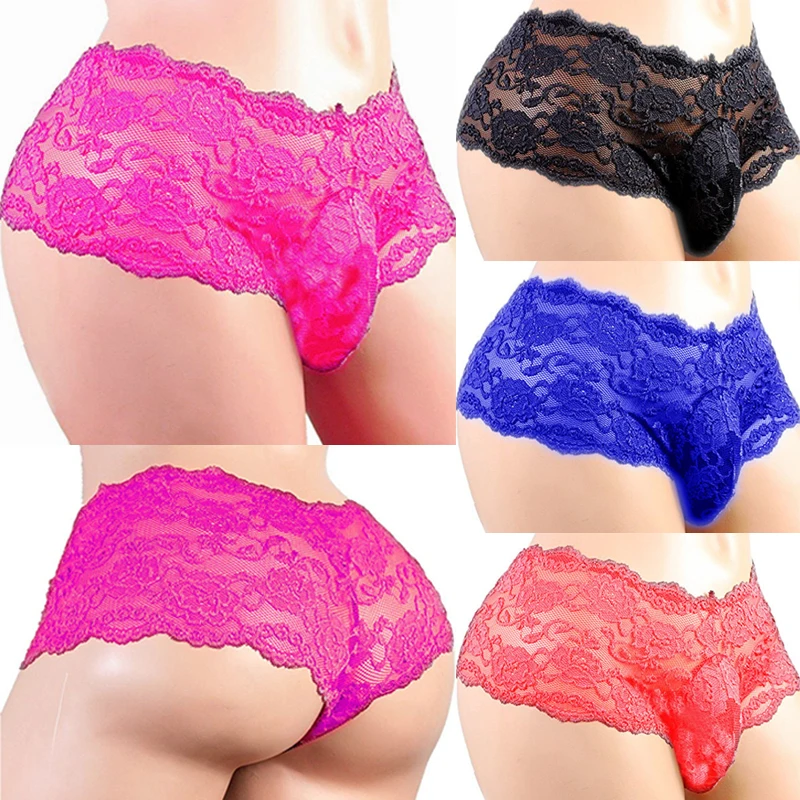 Men'S Sexy Underwear Lace See Through Sissy Panties Transparent Ultra-Thin Seamless Mesh Breathable Pouch Briefs Boxer Lingerie