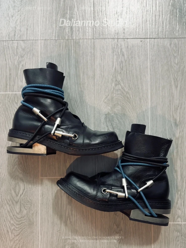 Men's Motorcycle Boots Metal Chunky Heel Mid-Calf Round Toe