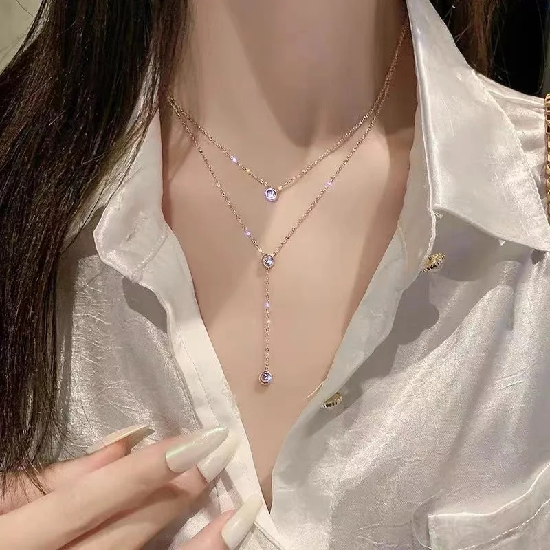 Minimalist Round Bead Pendant Necklace - Stainless Steel Clavicle Choker with Long Chain Fashion Jewelry