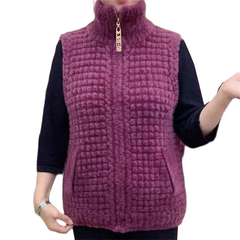 

Imitate Mink Velvet Casual High Elasticity Ladies Vest Fashion Soft Zipper Pocket Middle-Aged Elderly Mother's Vest Coat