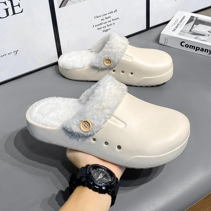 Winter Cotton Slippers Men Anti-slip Warm Outdoor Solid-color Casual Women Breathable Warm Comfortable Flat Clogs Women