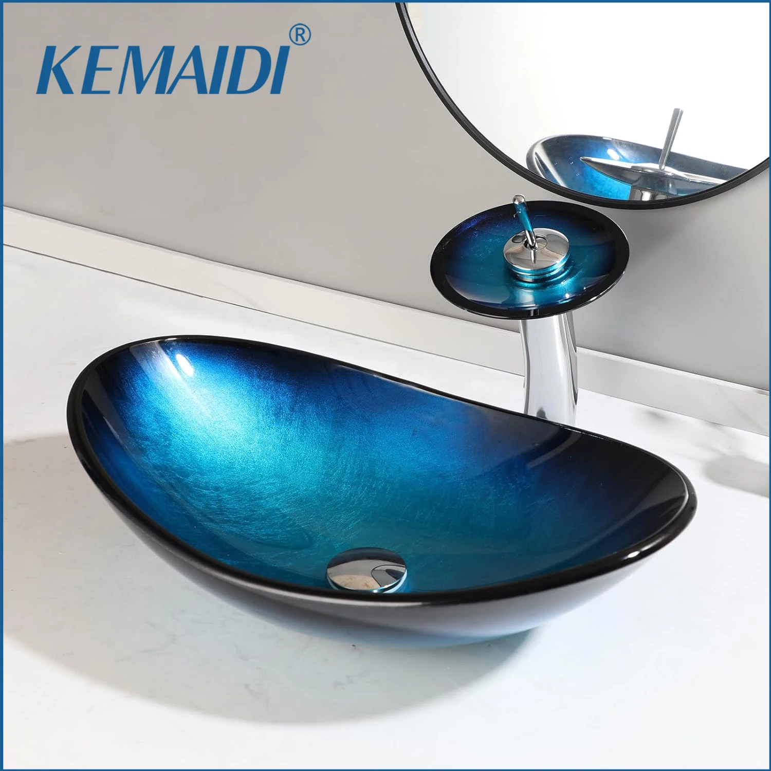 Blue Glass Vessel Sink With Waterfall Faucet - Oval Boat Shape For Bathroom Vanity