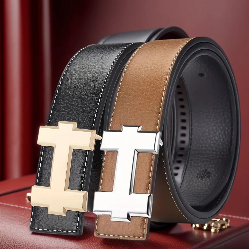 3.5cm Stylish Designer Belt with Gold and Silver Smooth Buckle