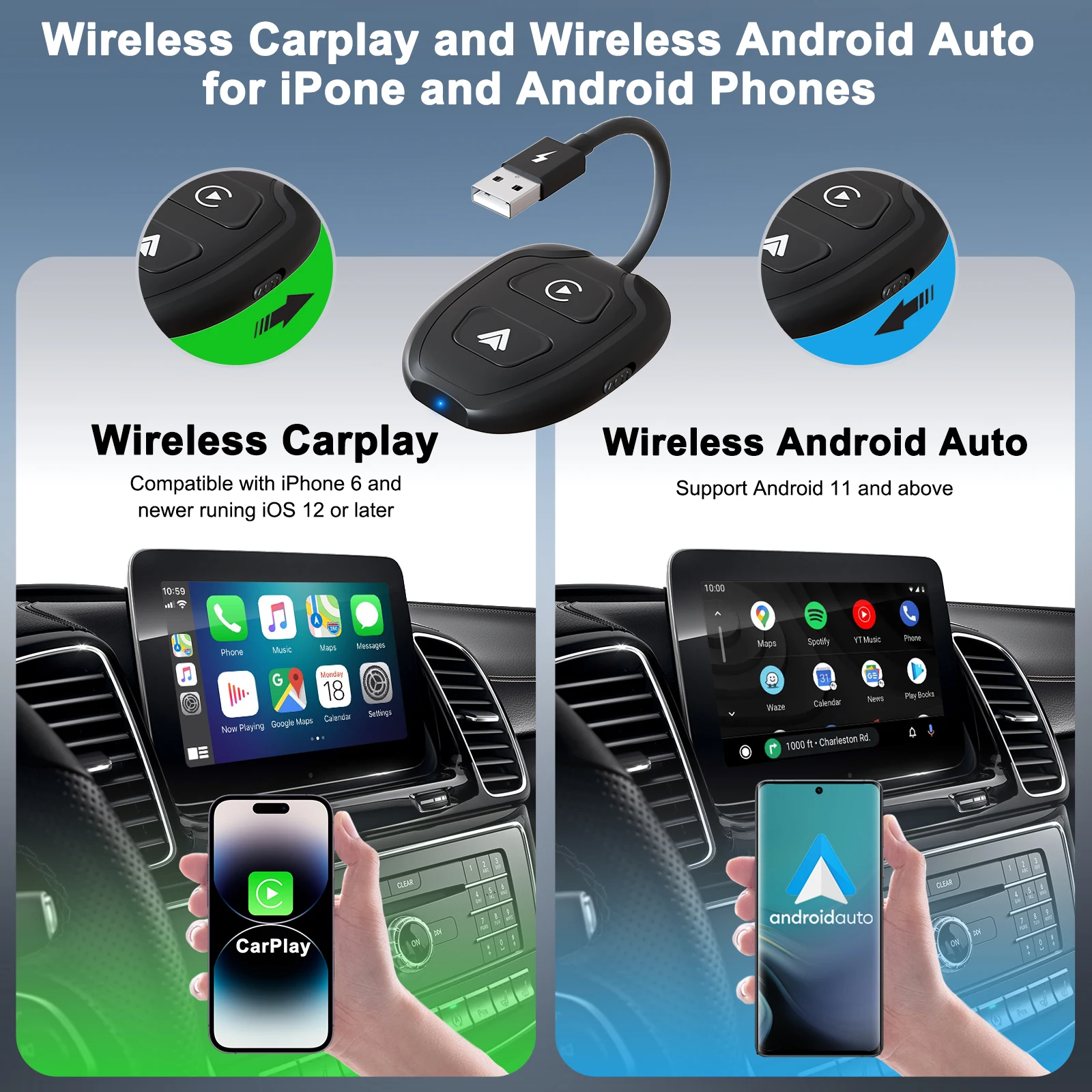 Wireless Android Auto & Apple CarPlay 2 in 1 Adapter 5.8 GHz For Factory Wired CarPlay Cars
