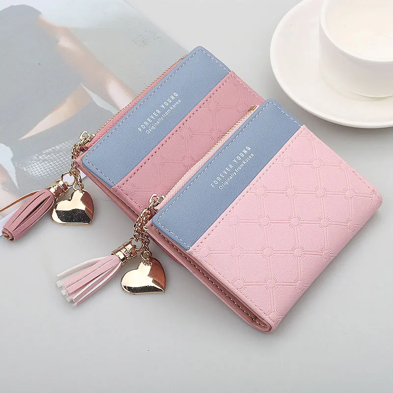 

New Arrival Short Women Wallets Tassel Zipper Purse Patchwork Fashion Panelled Wallets Trendy Coin Purse Card Holder Leather