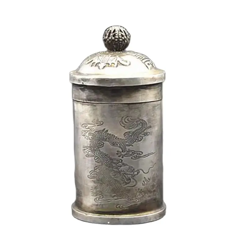Collected Chinese Tibet Silver Carvings Dragon Phenix Bat Inlay Toothpick Bucket Ink Pad Box