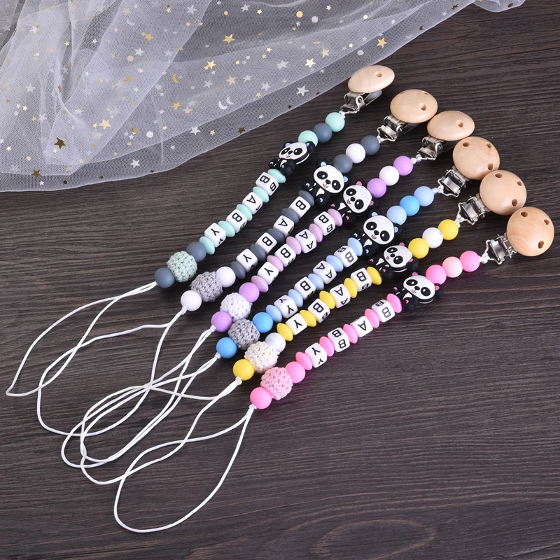 Baby Pacifier Chain Panda Silicone Animal Beaded Safe Teething Soother Chain Care Chew Toy Dummy Holder Clip Personalized Name