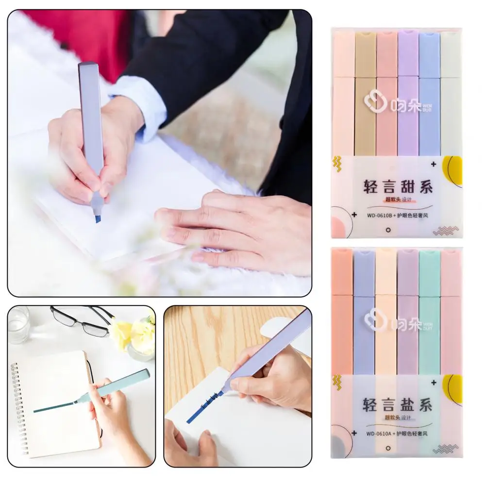 Smudge-proof Highlighter 6 Soft Nib Head Fluorescent Pens for Students Square Barrel