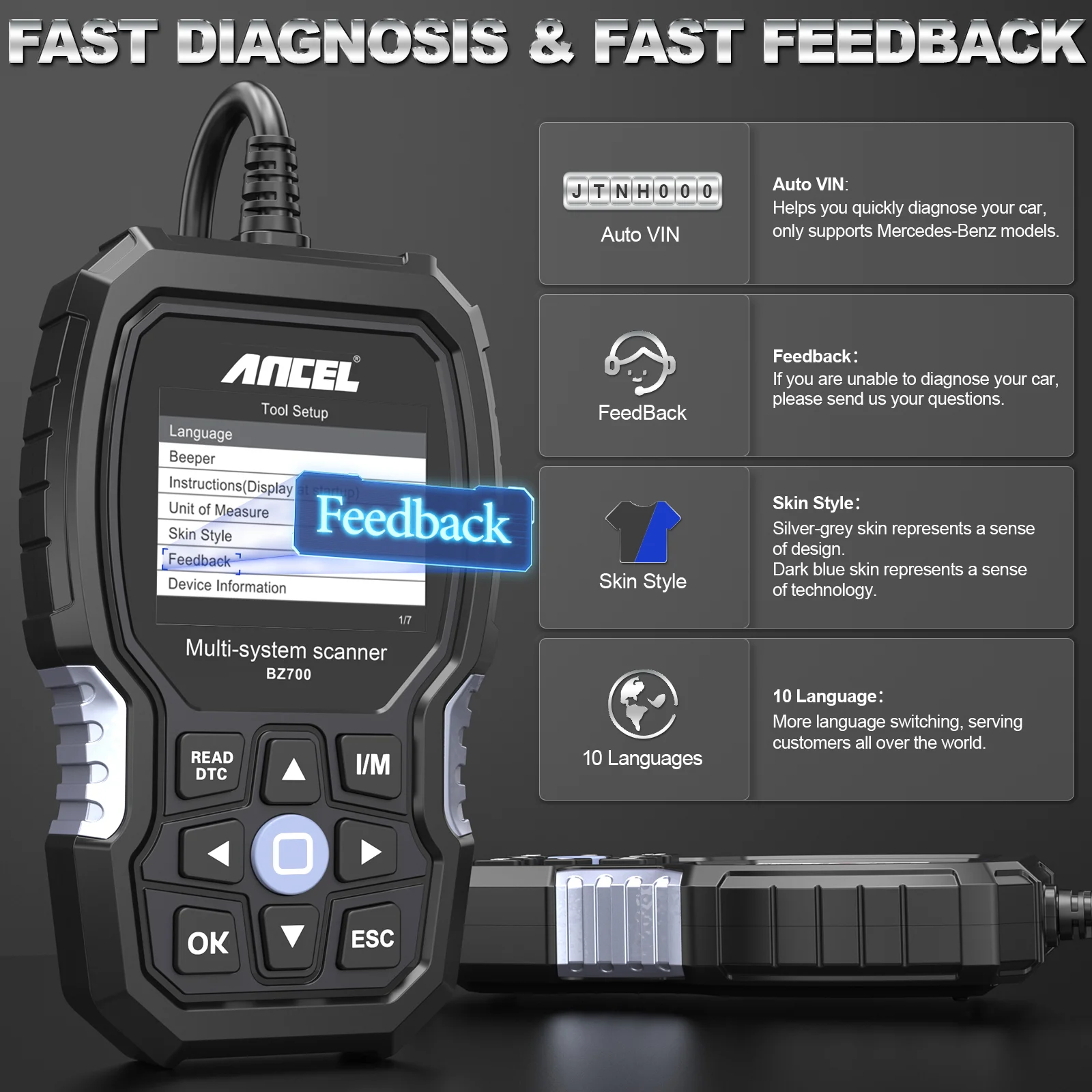 ANCEL 메르세데스 벤츠 스프린터 자동차 스캐너, BZ700 OBD2, 스마트 모든 시스템, ABS SRS SAS 오일 리셋, 디젤 자동차 진단 도구