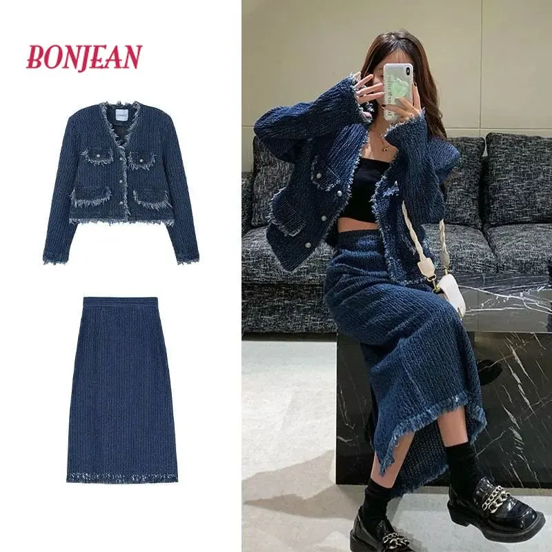 Demin Two Pieces Women Sets Chic Button Long Sleeve Jacket Skirt Tops + High Waist A-line Tassels Bodycon 2022 Set Fashion ccmm korea chic temperament khaki blazer women s autumn new notched loose double breaste long sleeve long suit jacket