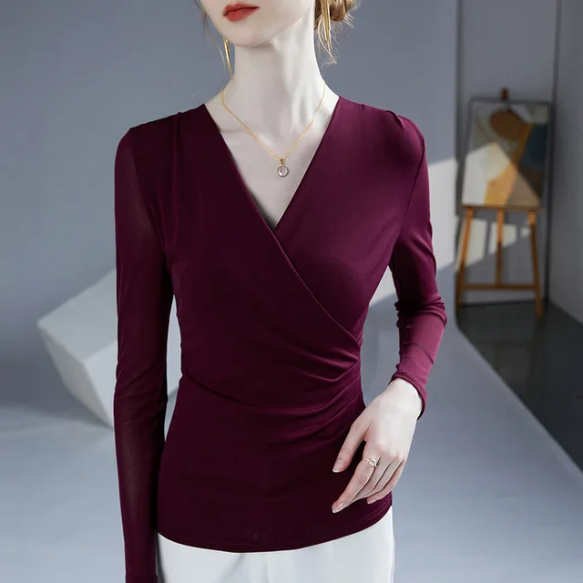 Autumn Winter 2024 New Cross V-Neck Long Sleeved Women's T-Shirt Solid Color Fold Elastic Mesh Tops Blusas 2