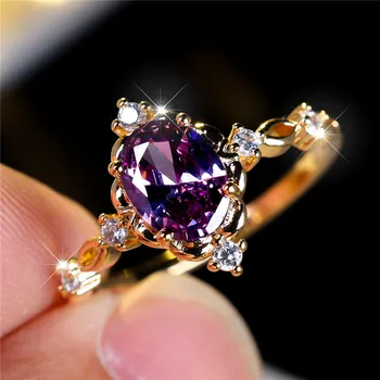 Cute Female Purple Zircon Stone Oval Engagement Ring Vintage Gold Color Wedding Jewelry For Women