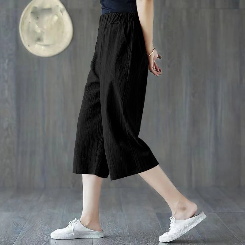 Fashion Elastic Solid Color Pockets All-match High Waist Pants Women's Clothing 2024 Summer New Loose Commuter Capri Pants