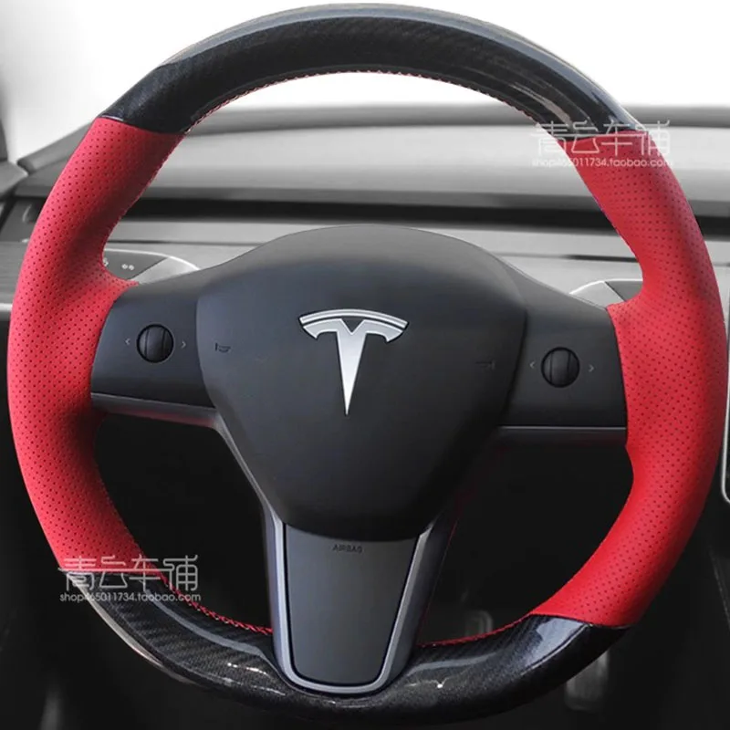 

Hand-stitched Non-Slip red Genuine Leather Carbon Fiber car Steering Wheel Cover For Tesla Model 3 2015-2022 Model Y 2019-2021