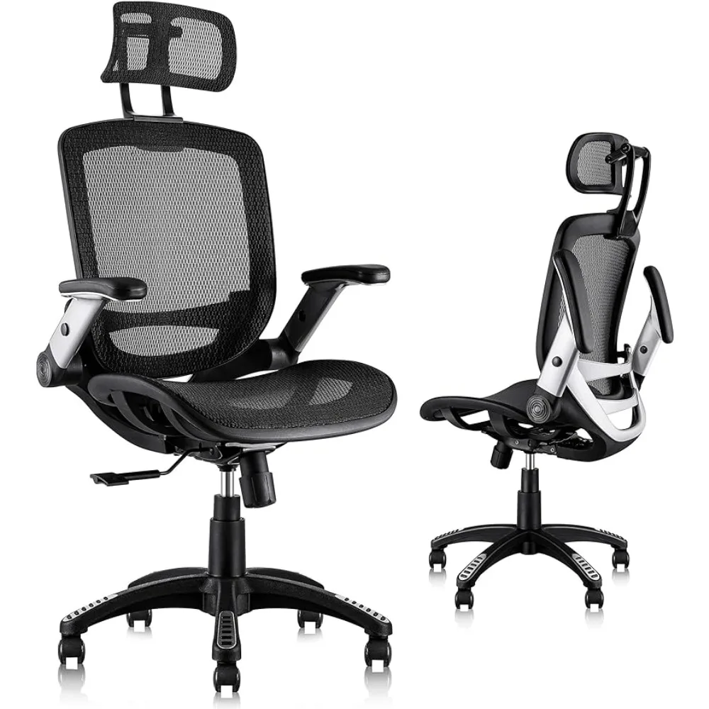 

Mesh Office Chair Tilt Function Lumbar Support and PU Wheels High Back Desk Chair - Adjustable Headrest With Flip-Up Arms Chairs