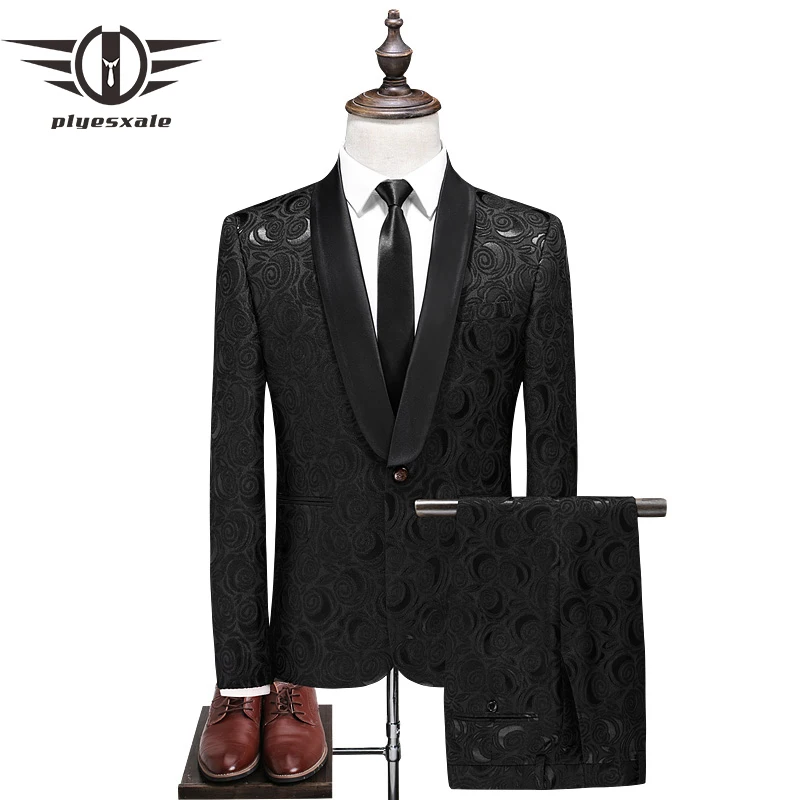 

Plyesxale Black Jacquard Suit Men 2023 Slim Fit Wedding Suits For Men 4XL Shawl Collar Men Floral Print Suit Prom Wear Q268