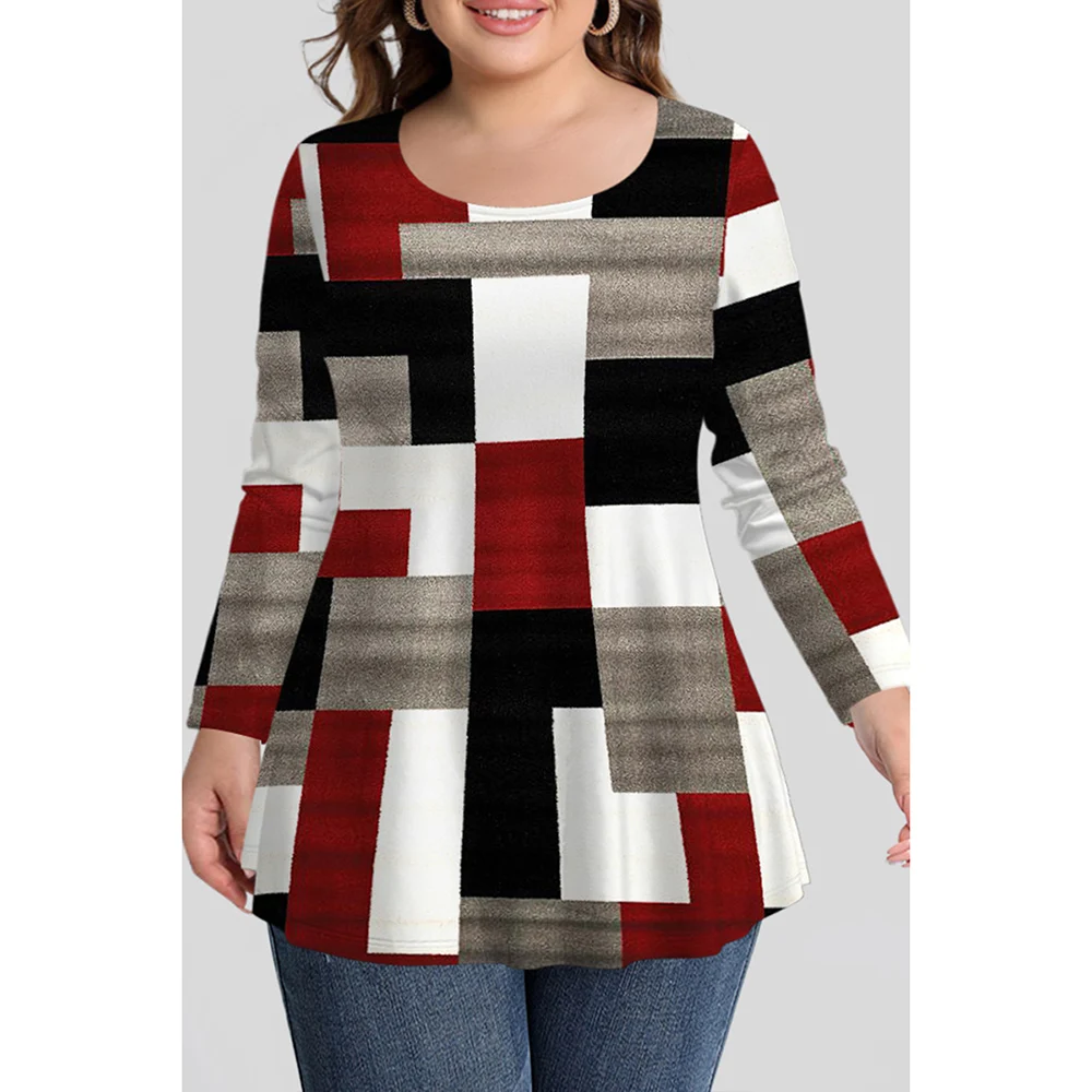 Plus Size Casual Multicolor Colorblock Stitching Print Shirt