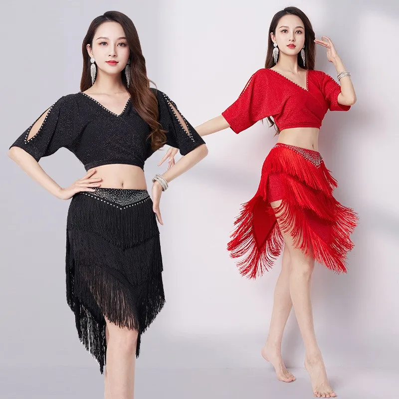 

Belly Dance V-neck Sexy Hot Diamond Fringe Skirt Set Belly Dance Latin Dance Performance Skirt Modern Dance Performance Carnival