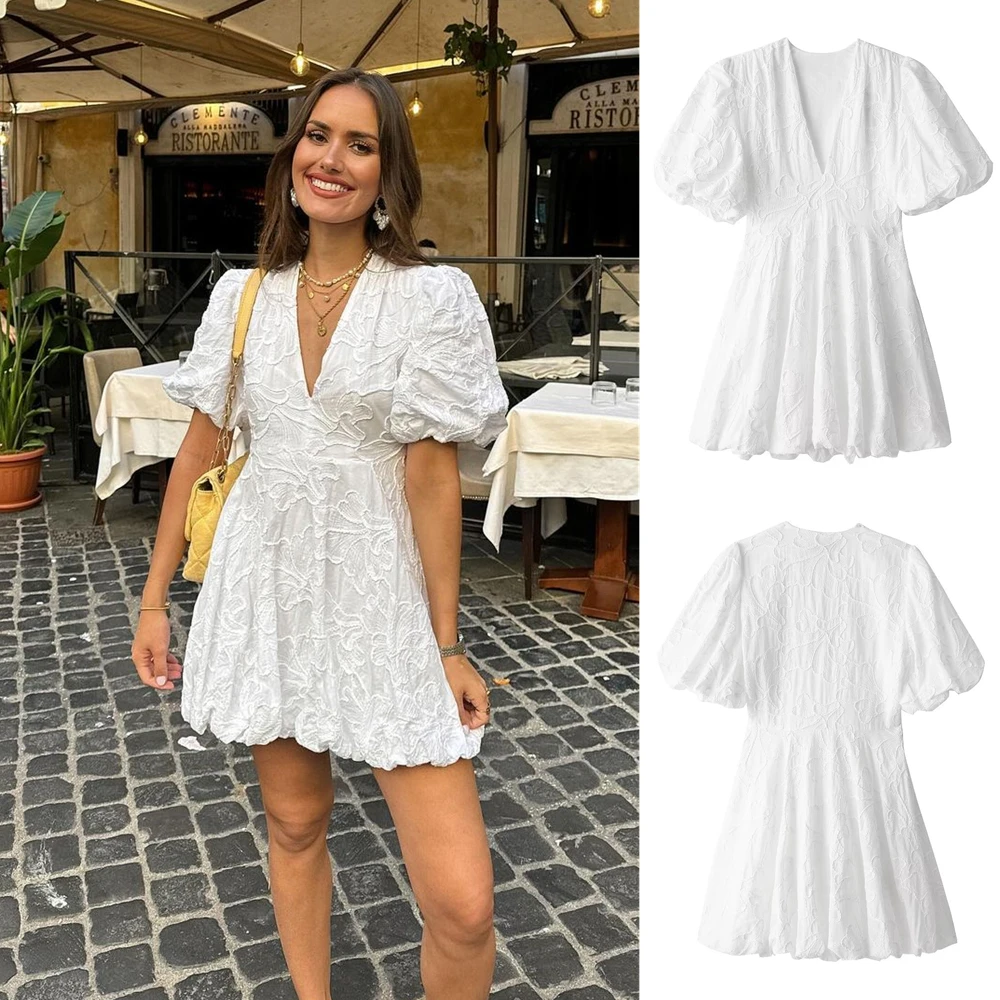 

Taop&Za Women's 2024 Summer New Casual Chic V-neck Puff Sleeve Embroidery Decorated Puffy Dress 2731/077