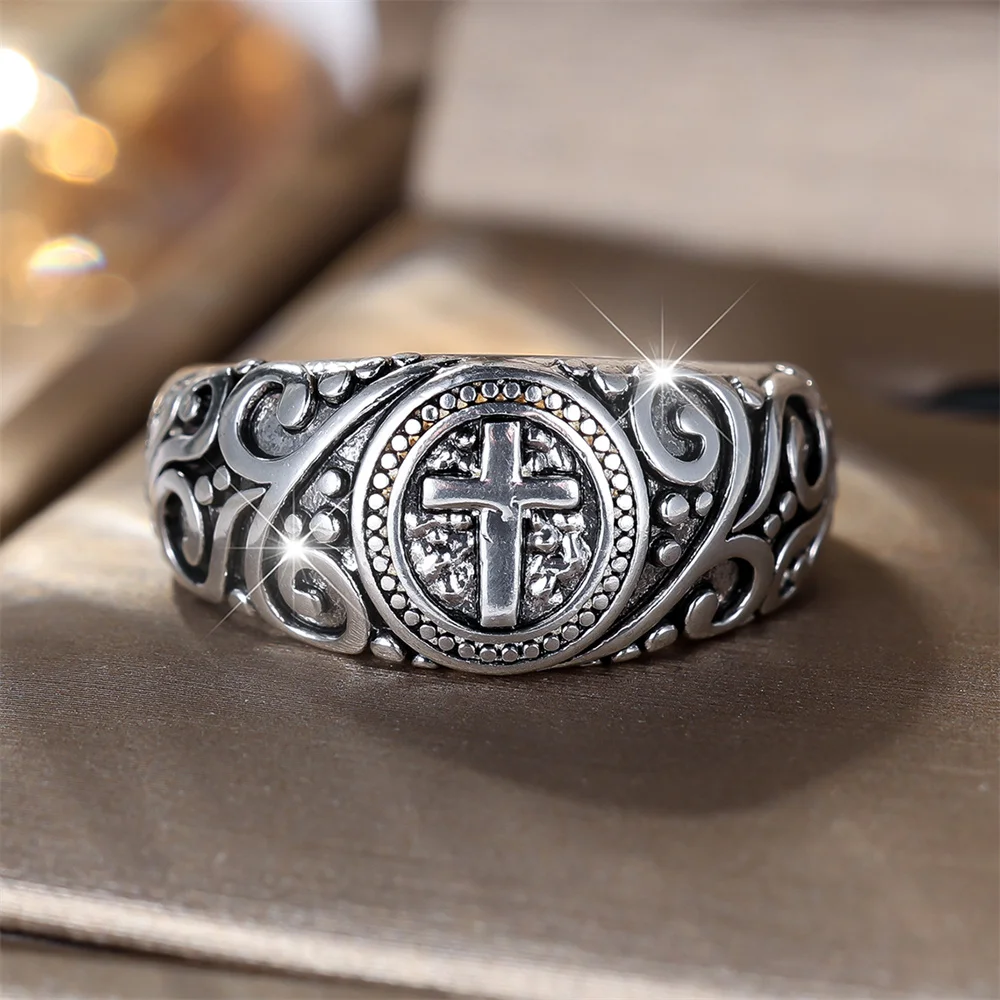 Male Female Classic Cross Vintage Flower Pattern Rings For Women Man Antique Silver Color Engagement Bands Wedding Jewelry Gift