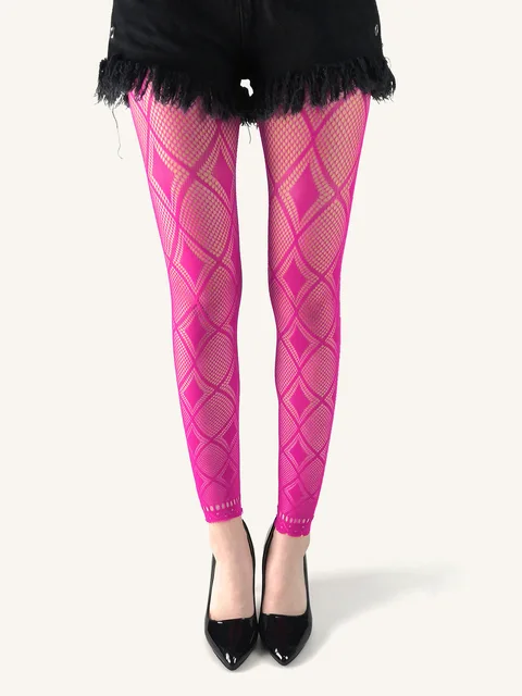 Women Sexy High Waist Fishnet Footless Leggings Flower Jacquard Patterned  Mesh Net Tights Black Ankle Pantyhose Stocking