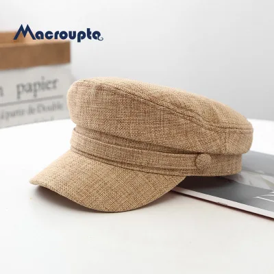 Women Military Hat Flat Cap Spring Autumn Linen Octagonal Solid Color