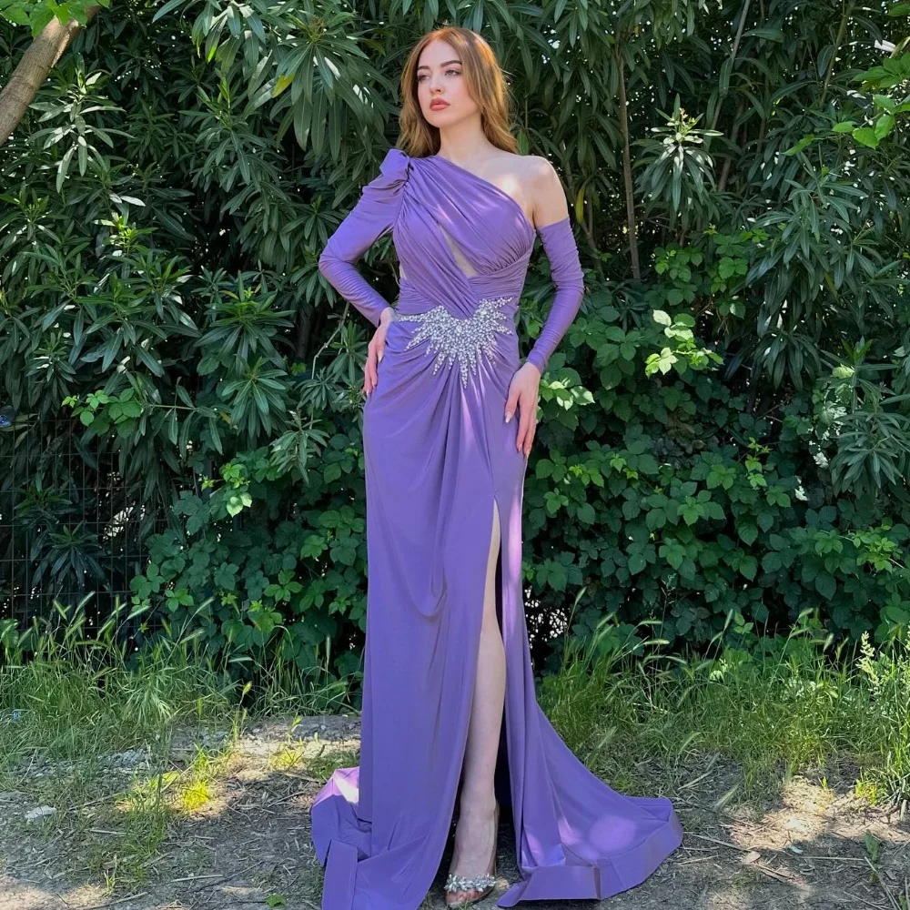 

Exquisite Chiffon Sequined Ruched A-line One-shoulder Long Dresses Cocktail Dresses Classic Modern Style Simple Matching