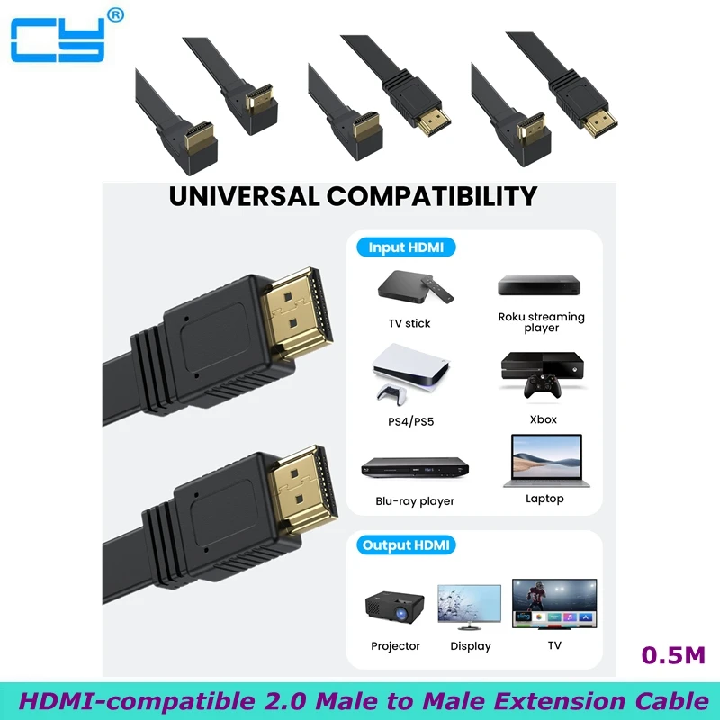 Cavo Di Prolunga Da 0.5M Compatibile Con Hdmi 2.0 Maschio A Maschio Supporto Risoluzione 4K 60Hz Per Lettore Blu Ray, Tv 3D, Hdr,Roku, Xbox360