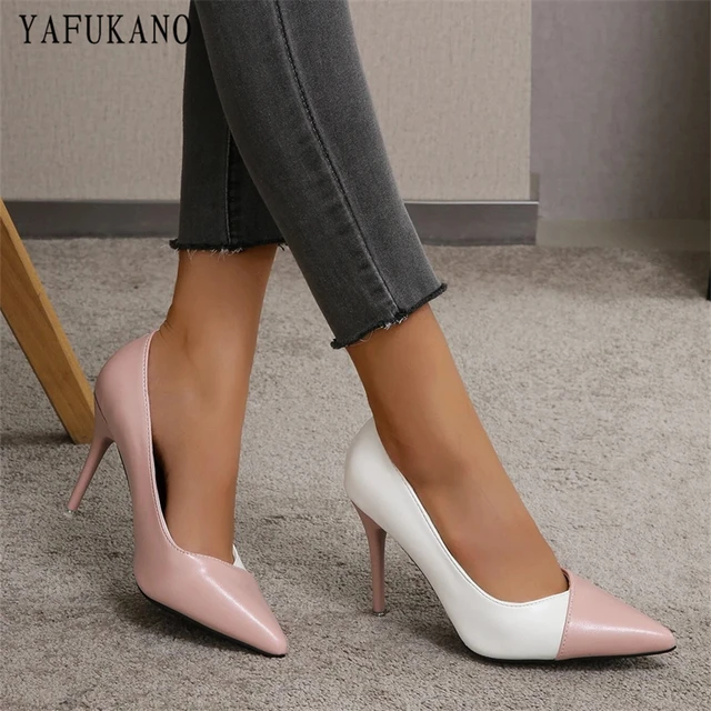 Square Toe Pumps Chunky Heel Two Tone Colors Slip On