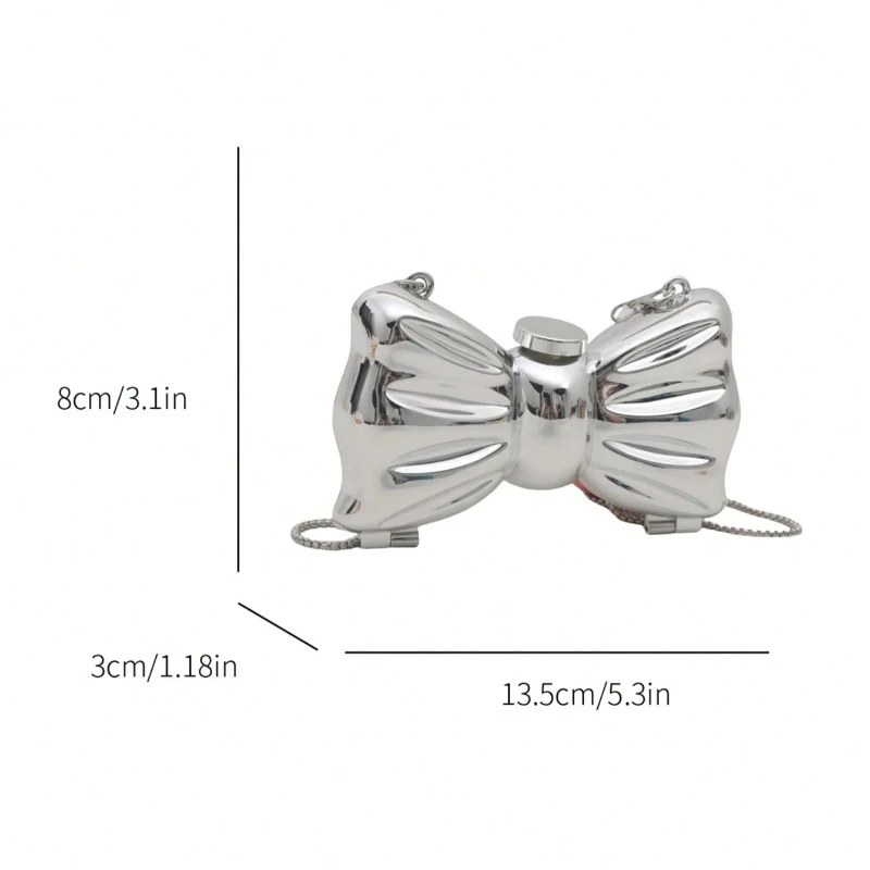 Mini galvanisierte silberne Metall glänzende Schleife Clutch Bag Damen personalisierte Modekette Kosmetik Umhängetasche Münzgeldbörse – Detail 1