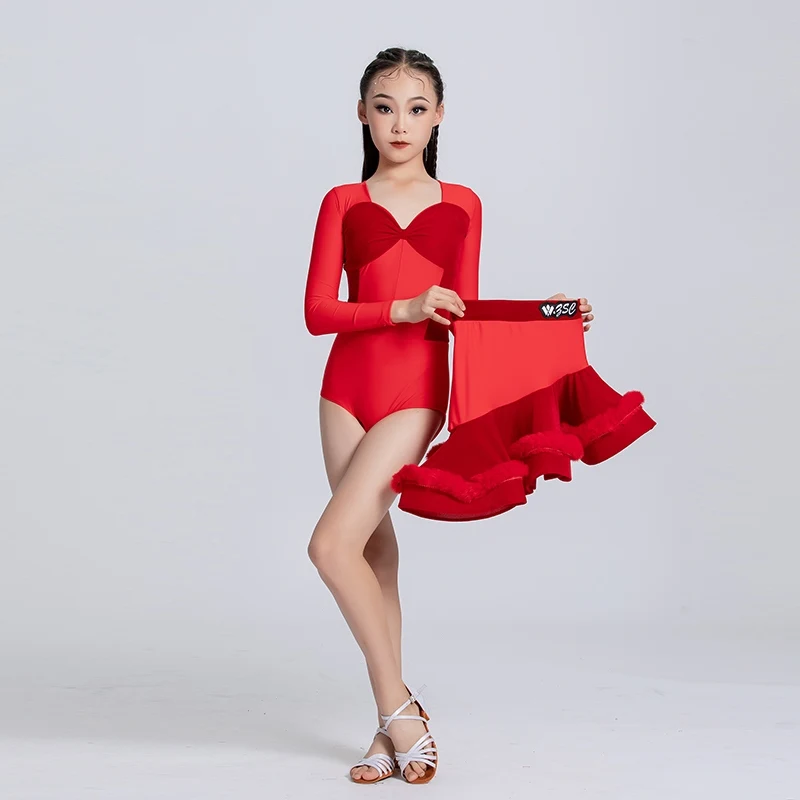 Children Latin Dance Clothing For Girls Red Long Sleeved Split Skirts Practice Suit Professional Chacha Latin Dress DN19123