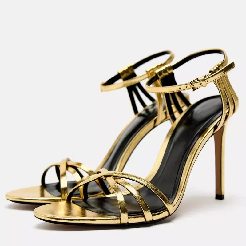 

Summer New Sexy Round Toe Open Toe Thin Strap Sandals with Thin High Heels Banquet Dress Versatile Large Gold Women's Shoes