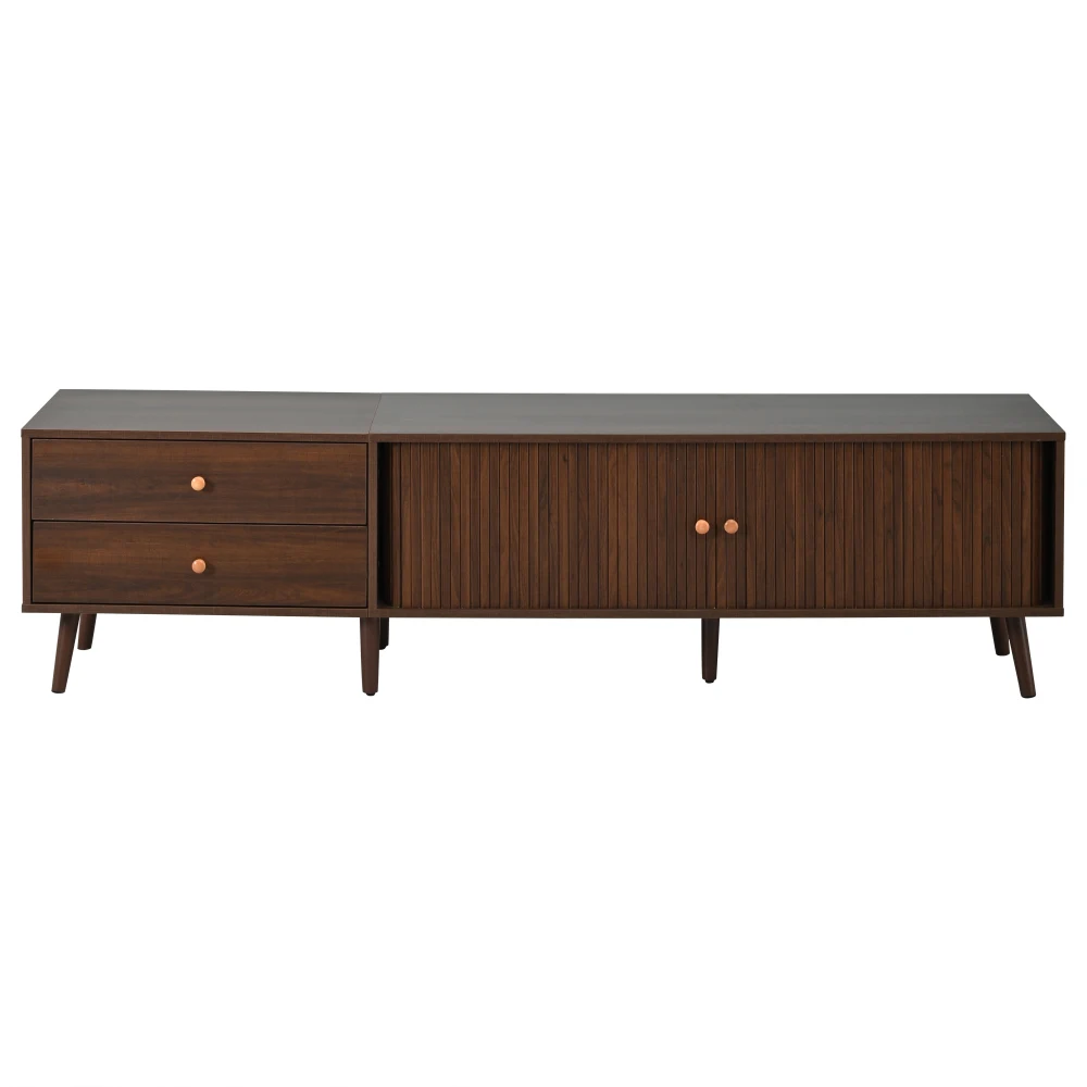 180x40x46,5cm TV-Schrank in Walnussholz-Optik, Fernsehständer mit 2 Schubladen, 2 Rolltüren und 7 Ständern, für Fernseher bis zu 80 Zoll – Detail 25