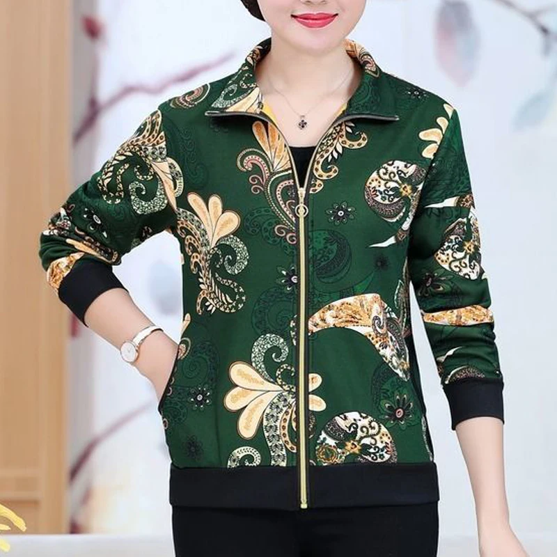 Autumn Middle-aged and Elderly Women Fashion Vintage Print Zipper Jacket Ladies Elegant Casual Long Sleeve Pocket Outerwear Coat