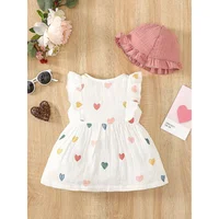 Newborn Baby Girl Sweet Cotton Dress Sleeveless Love Pattern Dress+Hat 2PCS Summer Beach Clothing for Infant Girl 0-9 Months 2