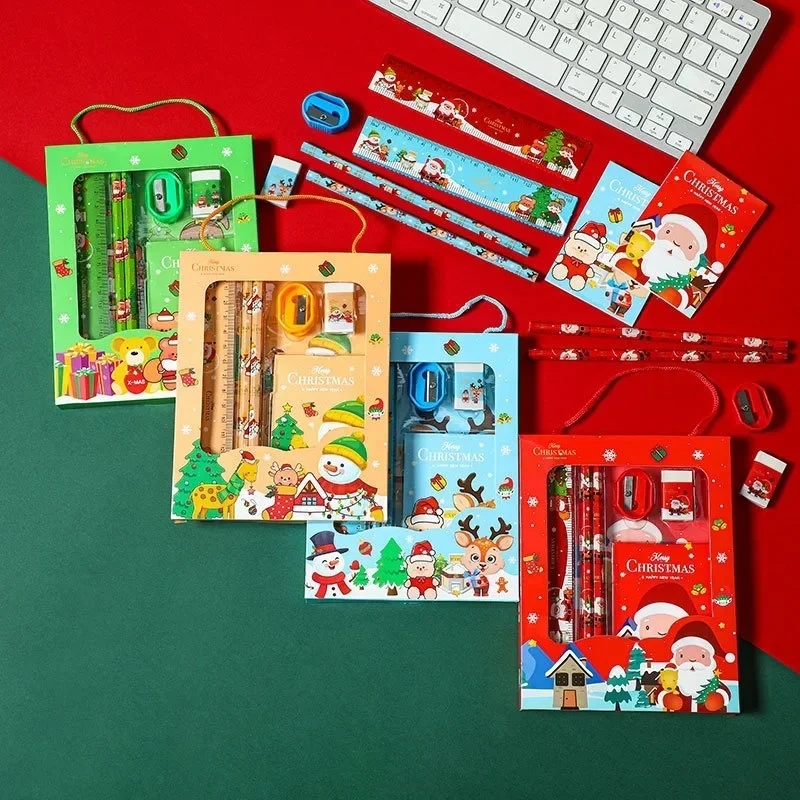 Christmas Stationery-Set Kids Cartoon Pencils Eraser Ruler Memo Pads Pencil Knife Set 6pcs School Supplies