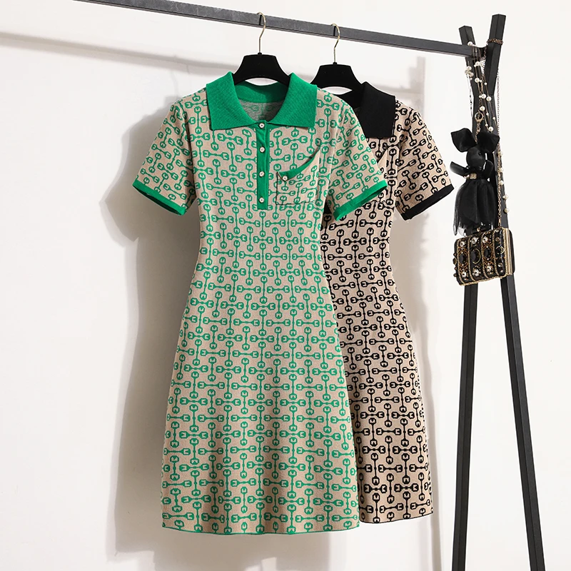 

Women's Autumn Short Sleeve Chic Pockets Knitted Dresses 2023 New Fashion Contrast Style Slim Tunic Sweater Dress