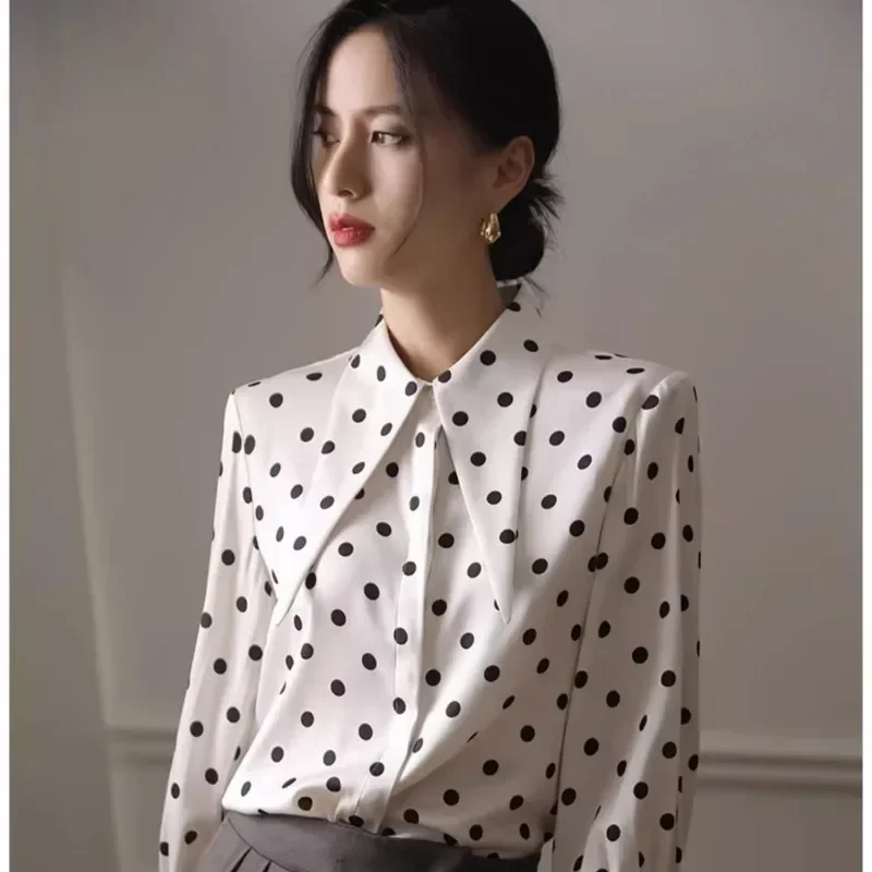 Satin Casual Women's Shirts Loose Fashion Silk Blouses Spring/Summer Ladies Clothing Long Sleeves Polka Dots Prints Tops