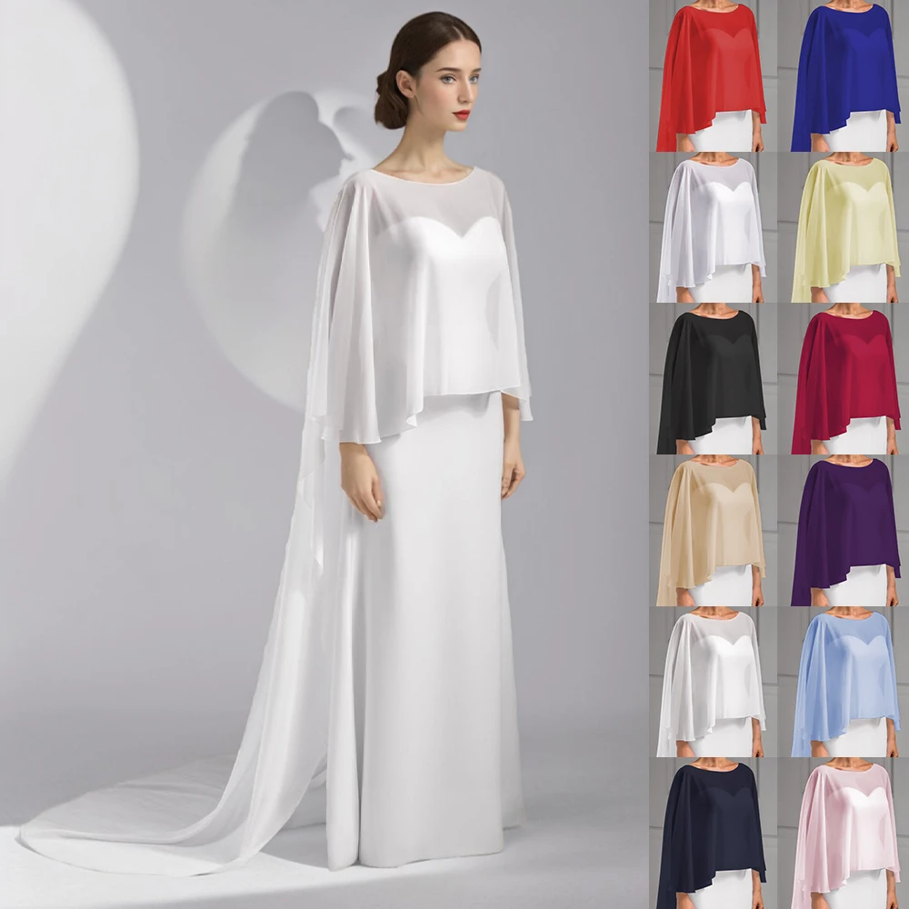 Wedding Bridal Chiffon Long Cape Dinner Party Formal Lady Cloak O-neck Prom Women Shawl Elegant High-low Wrap White Pink Black