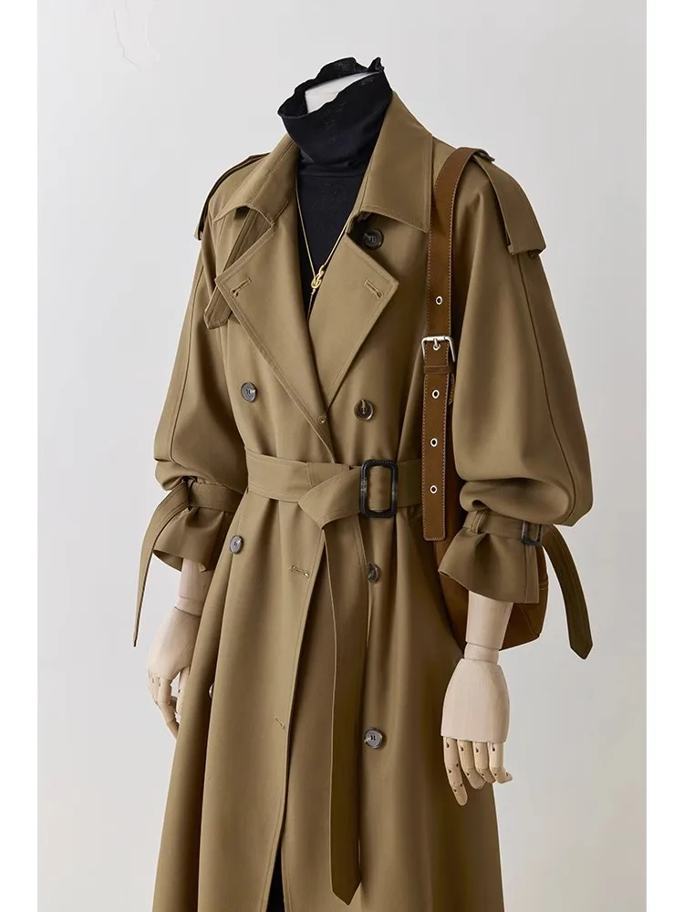 Lautaro Spring Autumn Oversized Khaki Long Trench Coat for Women Double Breasted Loose Casual Black Korean Fashion Overcoat 2025 3