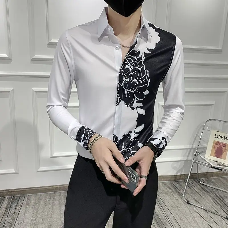 Men shirt Long-sleeve Spring and Autumn Colorblock Handsome Fashionable Slim-fit Korean Style Shirts and blouses